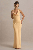Satin Cowl Neck Wide Strap Diagonal Panel Column Maxi Gown