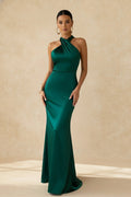Crossover Twisted Halter Neck Satin Mermaid Gown