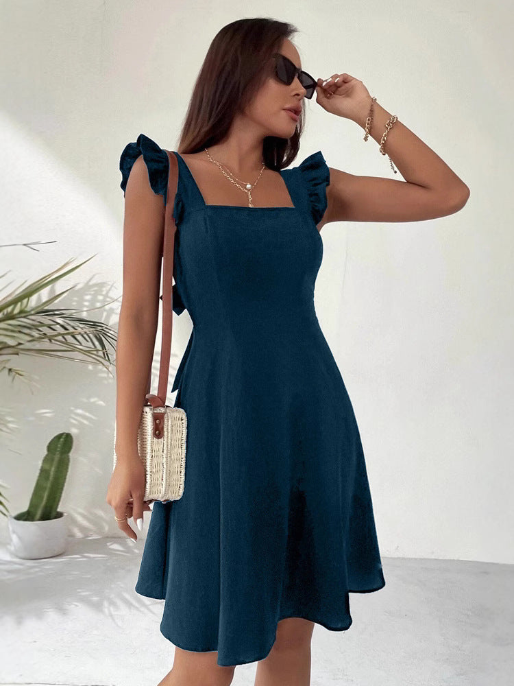 Square Neck Ruffle Shoulder Strap Back Bow Tie Fit and Flare Mini Dress