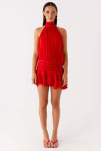 Halter Neck Pleated Collar Drop Waist Ruffle Flounce Mini Dress