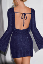 Sequin Boat Neck Bell Sleeve Bodycon Mini Dress
