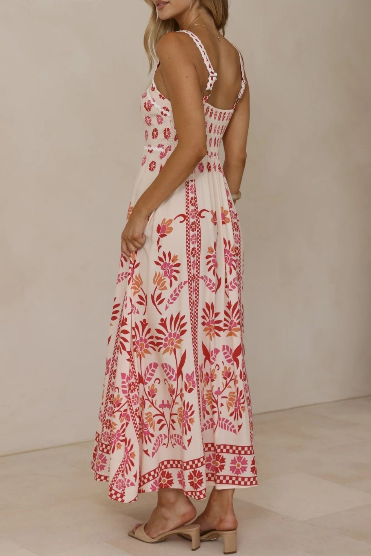 Square Neck Lace Trim Empire Waist Geometric Floral Border Maxi Dress
