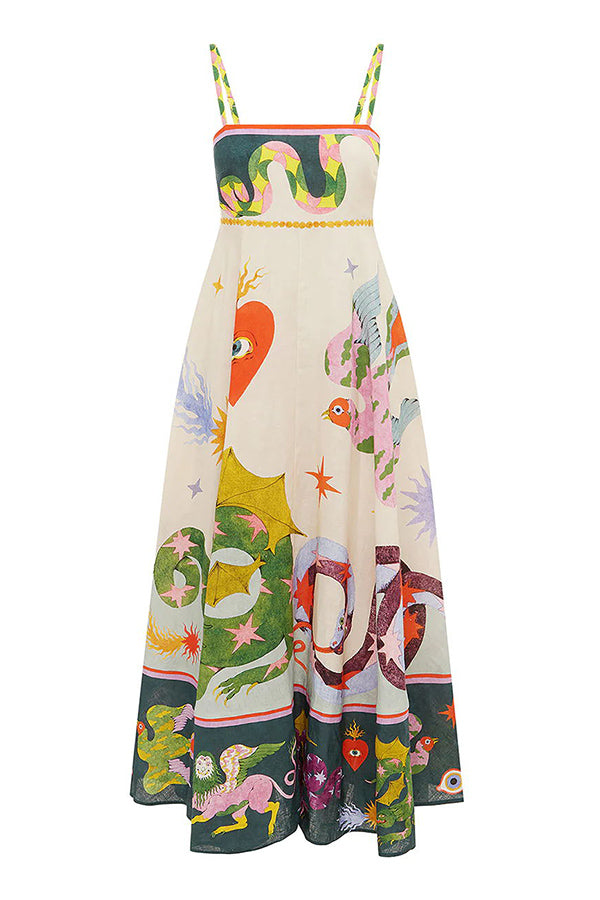 Mythical Creature Print Spaghetti Strap Empire Waist Maxi Dress