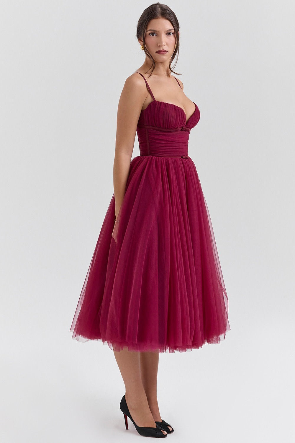 Ruched Sweetheart Pleated Bodice Tulle Layered Skirt Spaghetti Strap Midi Dress