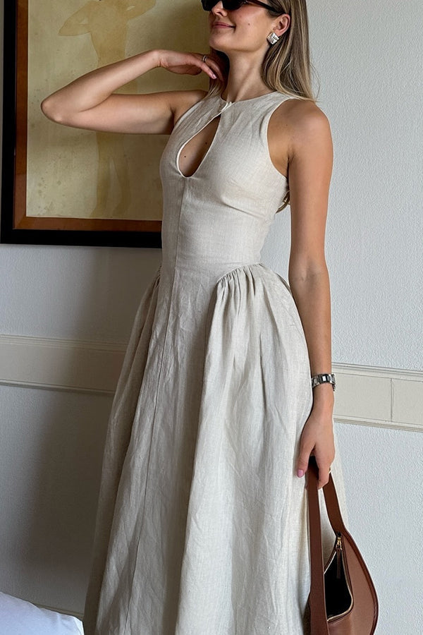 Linen Blend Button Neck Keyhole Cut Out Umbrella Hem A-Line Midi Dress