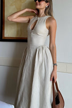 Linen Blend Button Neck Keyhole Cut Out Umbrella Hem A-Line Midi Dress