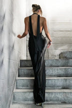 Halter Choker Cowl Plunge Ruched Waist Back Sash Thigh Slit Satin Maxi Dress