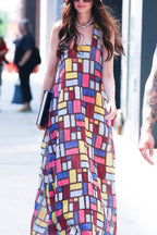 Stylish Color-blocked Plaid Print Sleeveless Round Neck Loose Maxi Dress