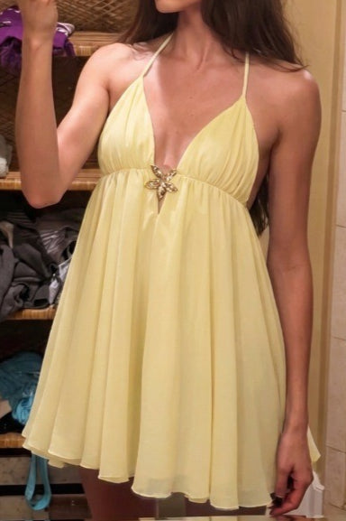 Halter Deep V Neck Starfish Charm Tiered Ruffle Mini Dress