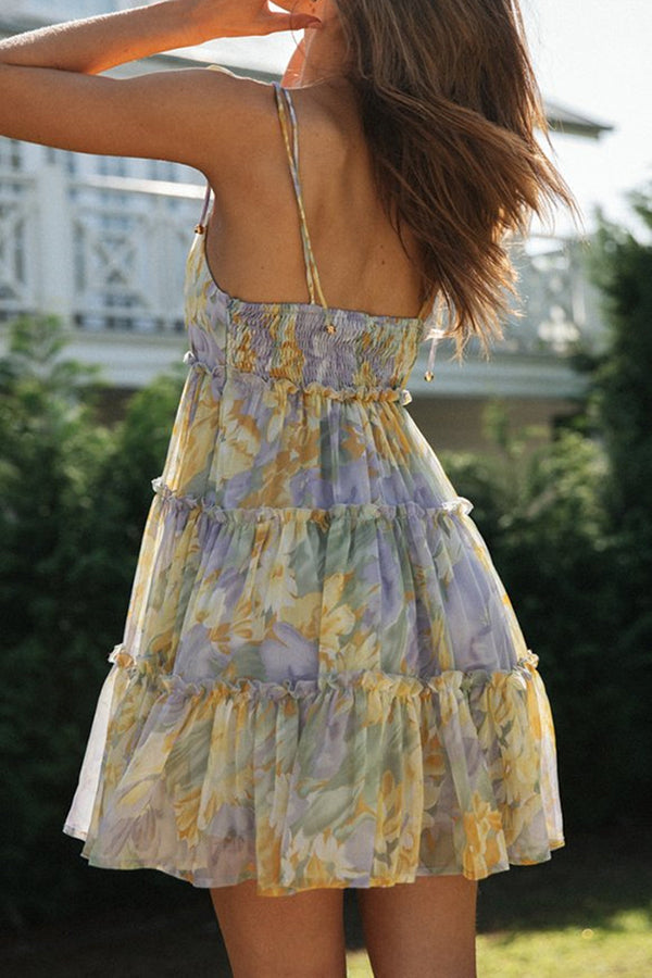 Floral Print Tie Shoulder Tiered Ruffle Babydoll Mini Dress