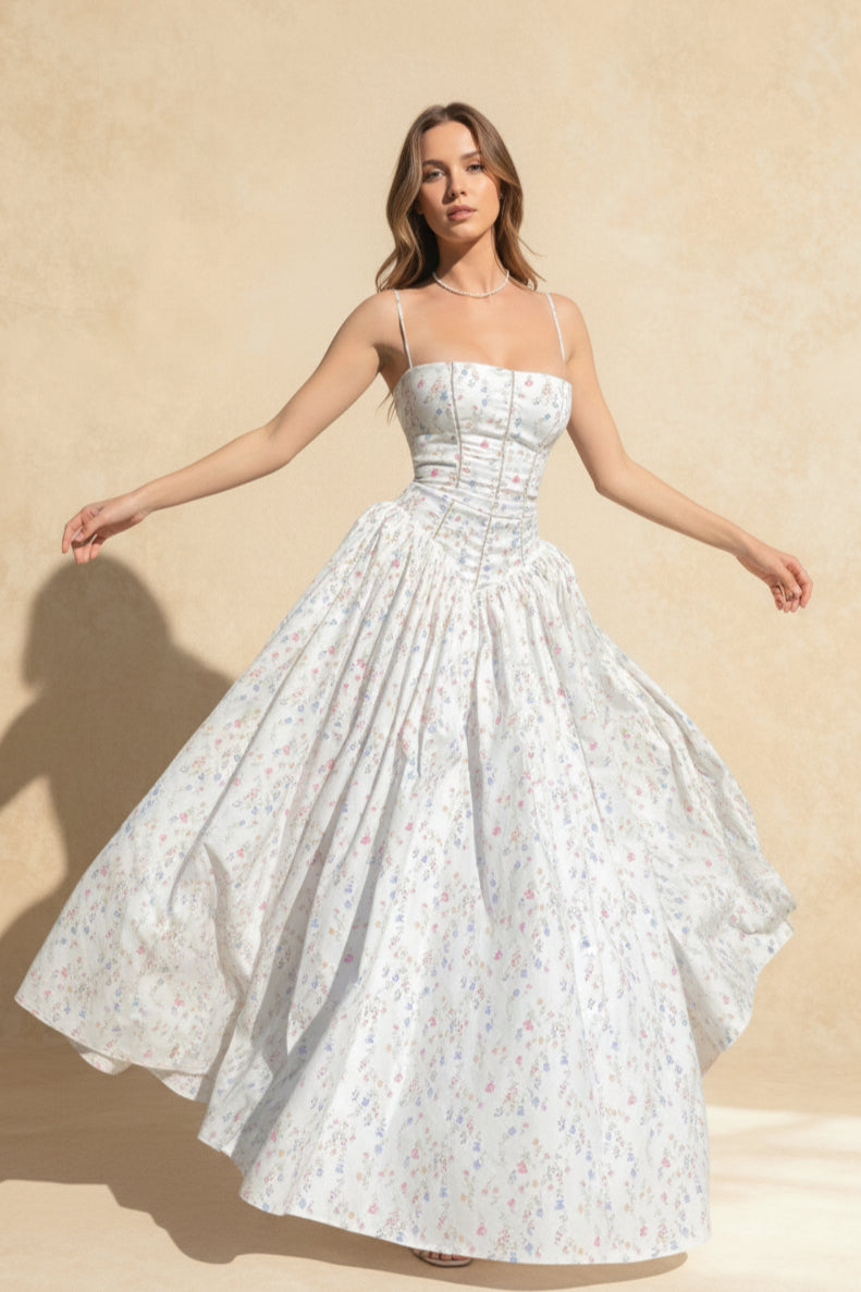 Floral Print Corset Bodice Basque Waist Pleated Ball Gown Maxi Dress