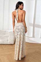 Halter Neck Cowl Floral Lace Backless Maxi Dress
