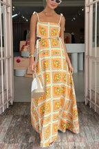 Lemon Print Square Neck Rope Tie Side Cut Out Maxi Dress