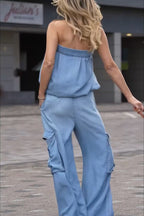 Winnie Denim Off Shoulder Stretch Bustier Bubble Tank Top