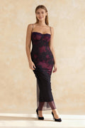 Floral Print Sweetheart Spaghetti Strap Corset Sheer Overlay Maxi Dress