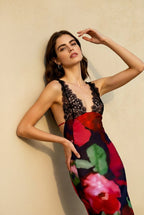 Lace Panel Deep V-Neck Abstract Floral Print Bodycon Midi Dress