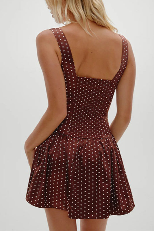 Polka Dot Lace Trim Scoop Neck Drop Waist Fit and Flare Mini Dress