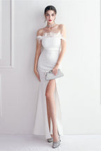 Elegant Feather Trim Strapless Formal Dress