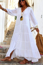Button Front V-Neck Long Sleeve Tiered Linen Blend Maxi Dress