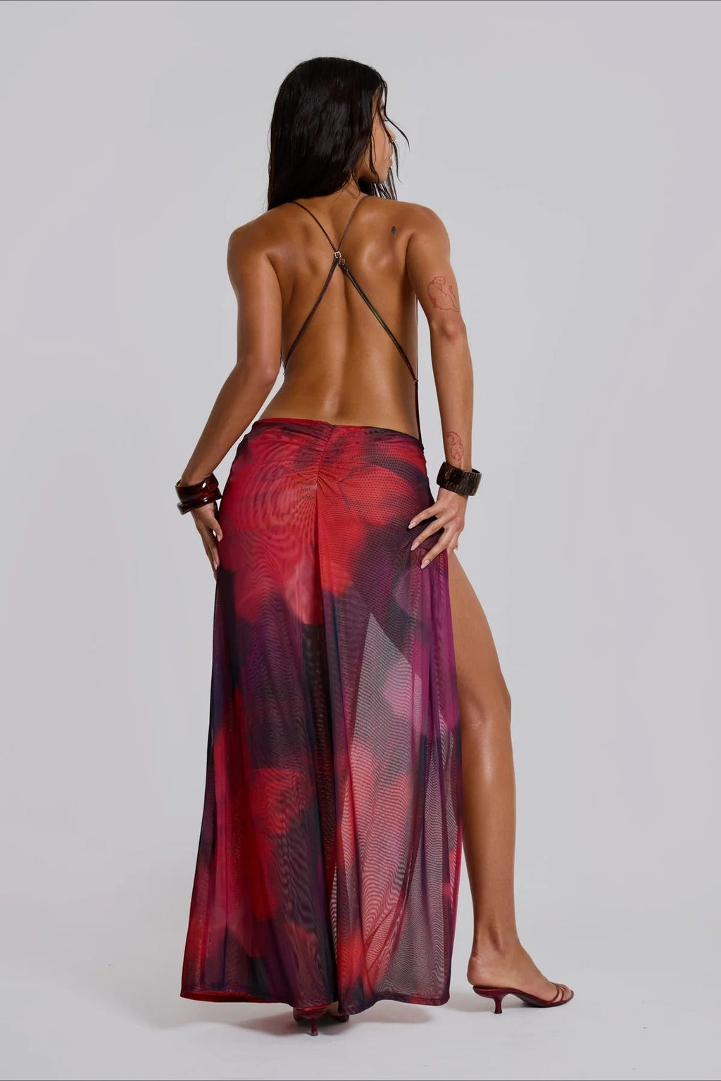 Red Plunging Cowl Neck Abstract Print Mesh Ring Detail High Slit Maxi Dress