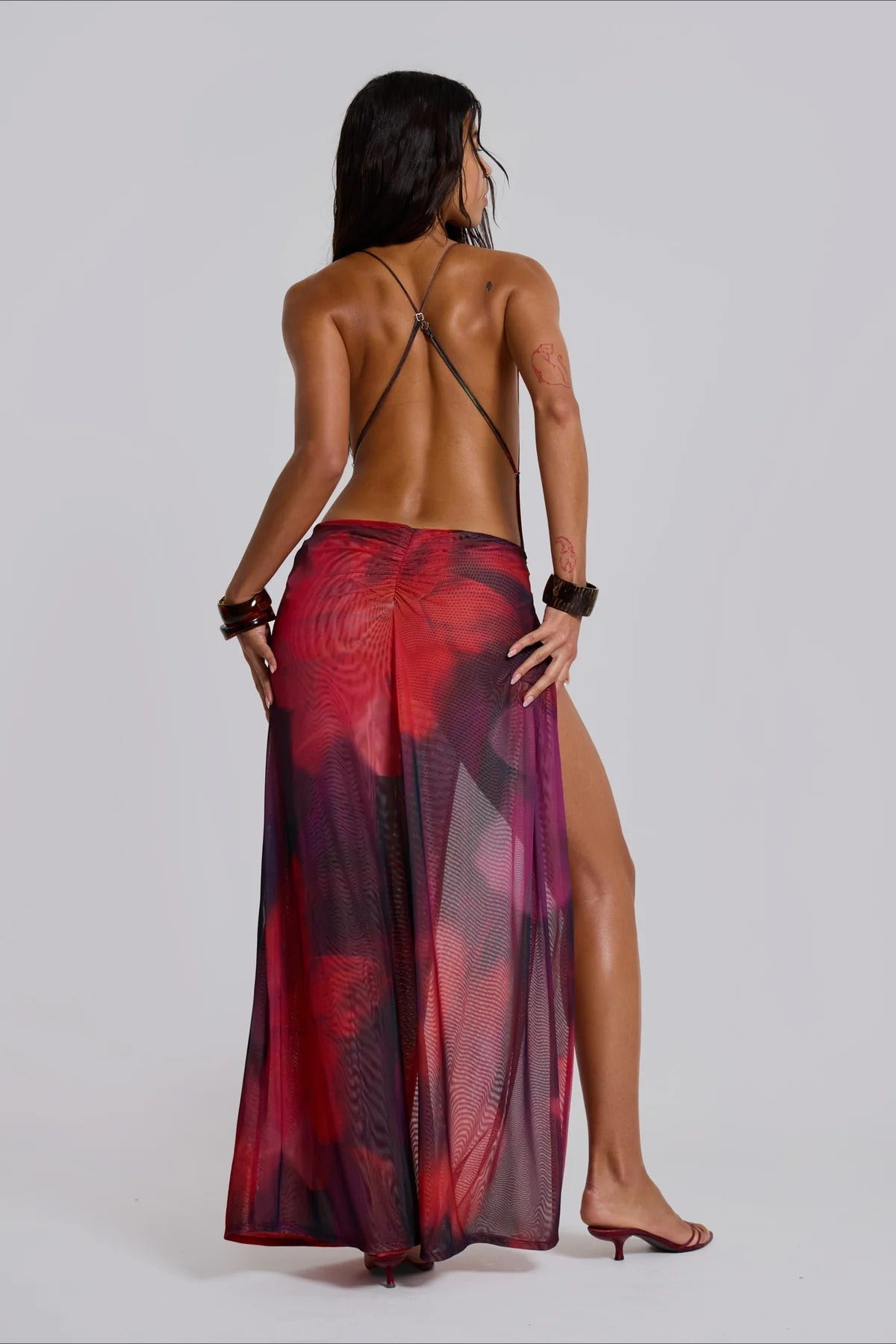 Red Plunging Cowl Neck Abstract Print Mesh Ring Detail High Slit Maxi Dress