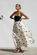 Polka Dot Strapless Solid Bodice A-Line Maxi Dress