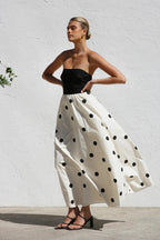 Polka Dot Strapless Solid Bodice A-Line Maxi Dress