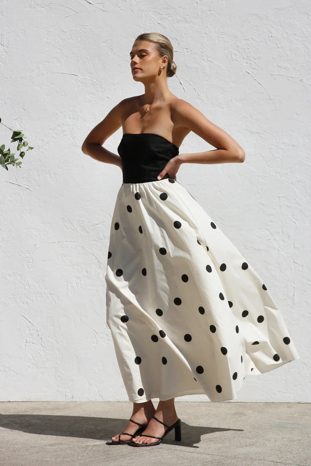 Black Polka Dot Print Strapless A-Line Maxi Dress