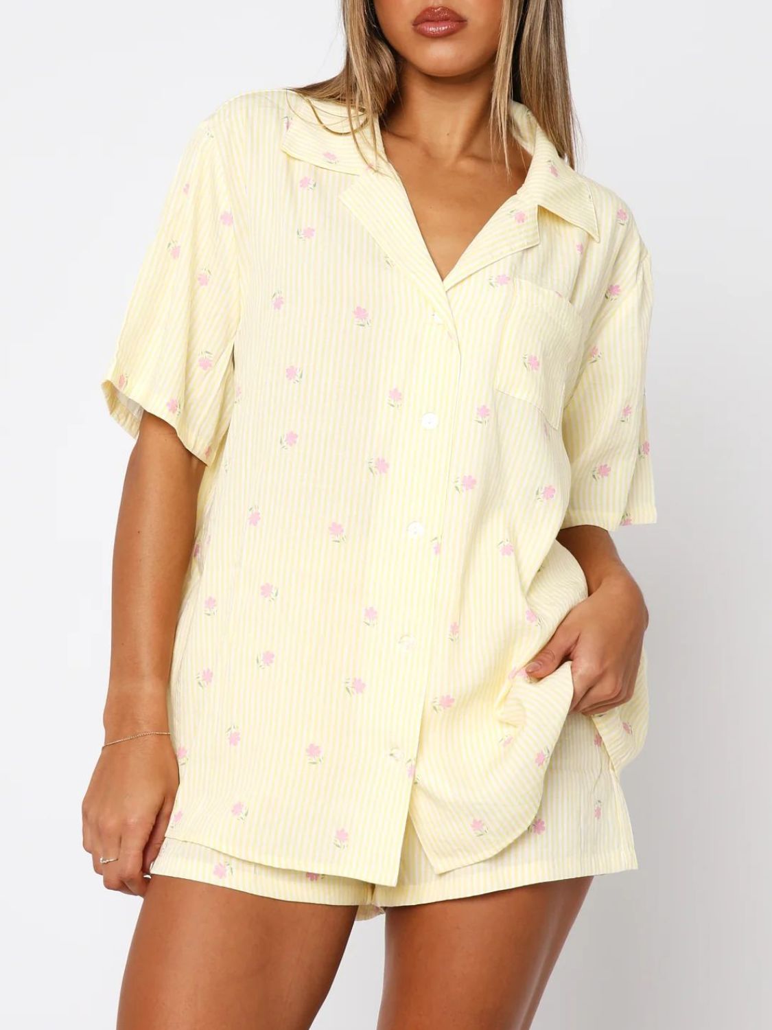 Blue Zone Planet | Valentine's Day Printed Collared Neck Short Sleeve Top And Shorts Set