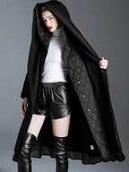Black Down Coat Hooded Belted Long Winter Outerwear For Women