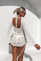 White Round Neck Crochet Knit Drawstring Side Ruched Bell Sleeve Mini Dress