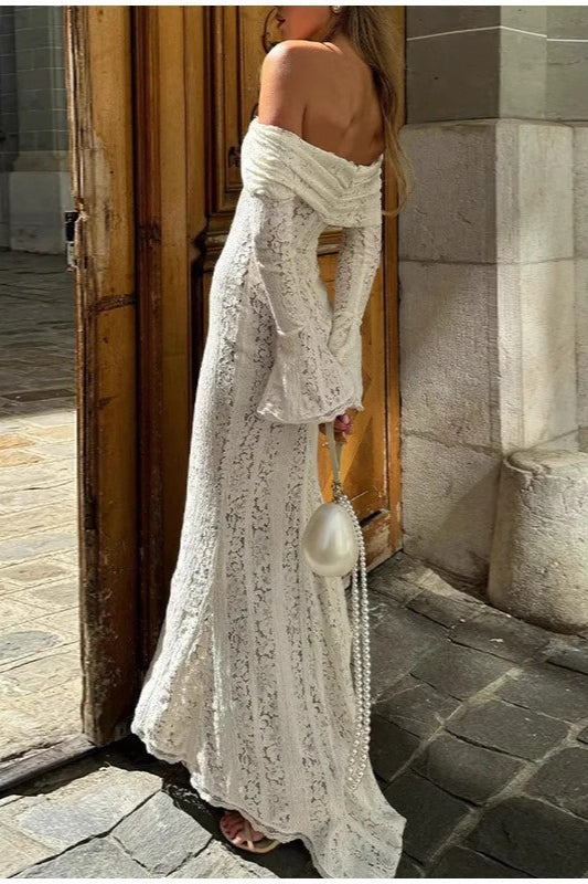 Off Shoulder Lace Bell Sleeve Tie Neck Maxi Dress