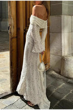 Off Shoulder Lace Bell Sleeve Tie Neck Maxi Dress