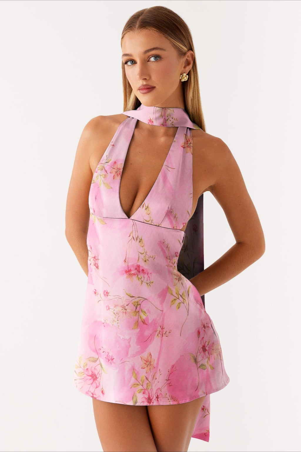 Halter Choker Deep V Neck Asymmetric Hem Watercolor Floral Print Mini Dress