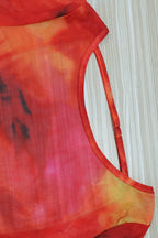 Orange Long Sleeve Open Back Watercolor Abstract Print Mesh Bodycon Maxi Dress