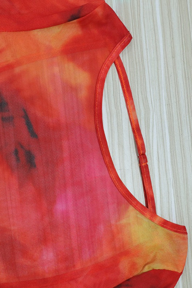 Orange Long Sleeve Open Back Watercolor Abstract Print Mesh Bodycon Maxi Dress