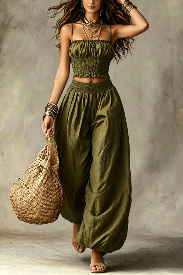 Olive Gypsy  pleated crop top and high-waisted wide-leg pants set