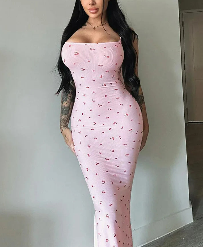 Ribbed Print Square Neck Spaghetti Strap Bodycon Maxi Dress