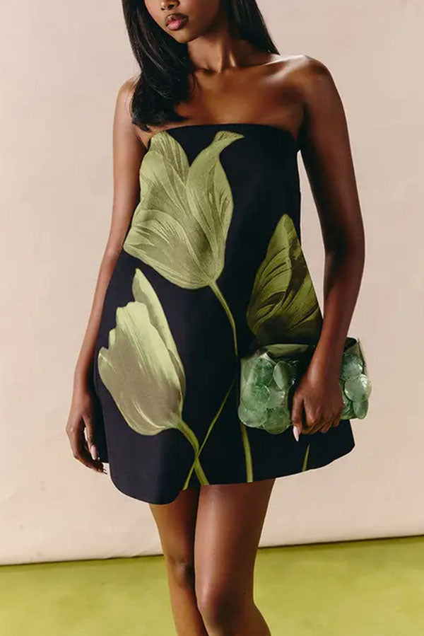Daphne Retro Botanical Strapless Dress
