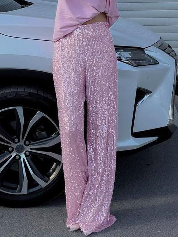 Sparkle Pants High Waist Wide Leg Sequins Chic Trousers For Women