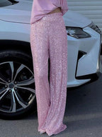 Sparkle Pants High Waist Wide Leg Sequins Chic Trousers For Women