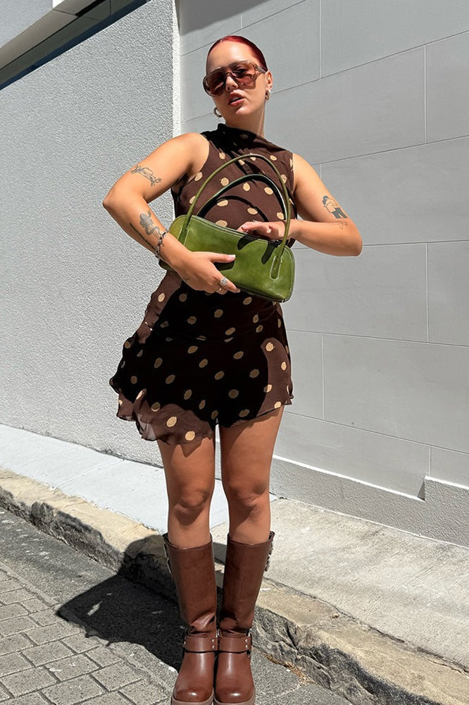 Brown Mock Neck Sleeveless Draped Polka Dot Mini Dress