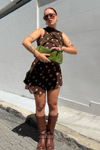 Brown Mock Neck Sleeveless Draped Polka Dot Mini Dress