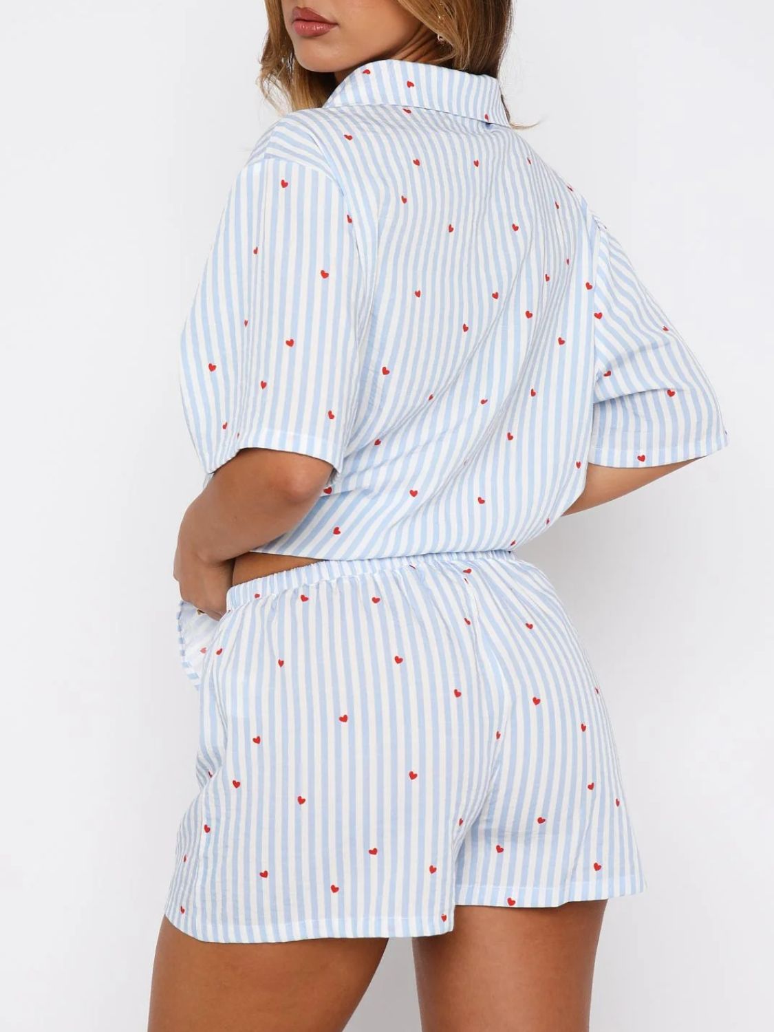Blue Zone Planet | Valentine's Day Printed Collared Neck Short Sleeve Top And Shorts Set