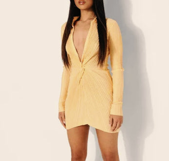 Plisse Deep V Collar Twist Waist Long Sleeve Bodycon Midi Dress