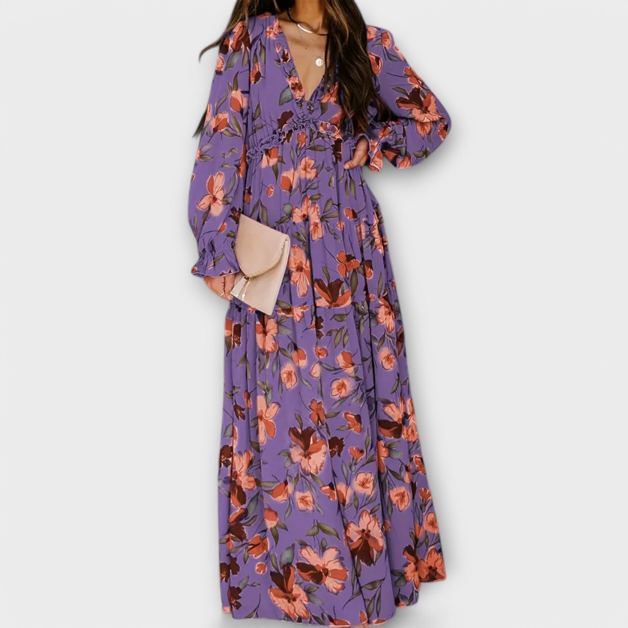 Floral Print Deep V-Neck Ruffle Trim Lantern Sleeve Tiered Maxi Dress