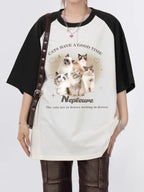 Vintage Cat Print Raglan Oversized Short Sleeve Tee