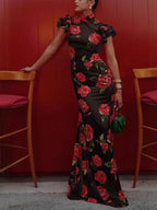 Cheongsam Style Rose Floral Print Tiered Flare Sleeve Stretch Maxi Dress