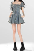 Denim Lace Up Corset Square Neck Puff Sleeve Fit and Flare Mini Dress