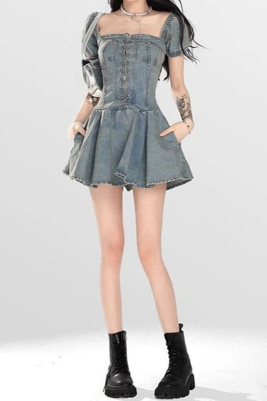Denim Lace Up Corset Square Neck Puff Sleeve Fit and Flare Mini Dress